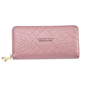 Pink quilted long wallet for women with rose pattern and double zipper phone pouch
