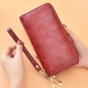 Women Long Wallet Double Zipper Large Capacity PU Leather Star Embossed Phone Purse Wristlet Clutch Fashion Card Holder