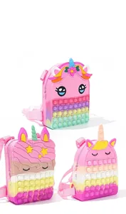 Multi-color unicorn silicone backpack with pop fidget toy design for kids.