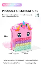 Detailed product view of a colorful silicone unicorn pop-it backpack with dimensions