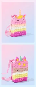 Detailed view of two unicorn silicone pop-it backpacks in pastel gradient colors