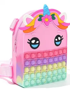 Kids Unicorn Pop-it Silicone Backpack Cute Macaron Gradient Color Stress Relief Toy Bag Cartoon Waterproof Children School Bag