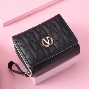 Damen Gesteppte PU Leder Kurze Brieftasche Mit Handschlaufe Gold V Logo Reißverschluss Münzfach Mode Mini Clutch Tasche