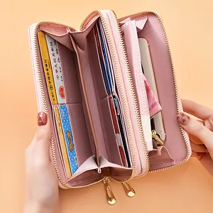 Elegant pink embossed faux leather long wallet for women with double zipper large capacity