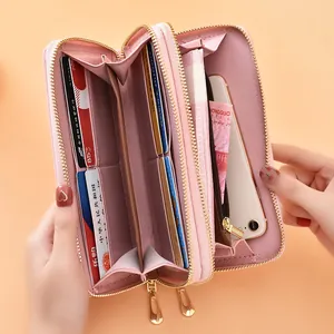 Elegante portafoglio lungo rosa in ecopelle da donna con doppia cerniera e porta cellulare