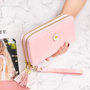 Women Long Wallet Daisy Print PU Leather Clutch Phone Bag With Double Zipper Tassel Wristlet Large Capacity Handbag