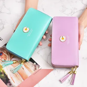 Elegant daisy embroidered double zipper long wallet for women with matching tassel charms