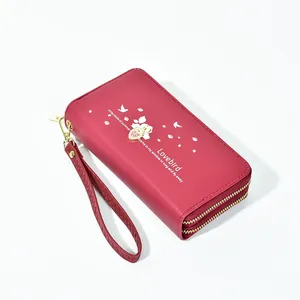 Portafoglio Lungo da Donna Doppia Cerniera Grande Capacità in Pelle PVC Borsa per Cellulare Stampa a Cuore e Uccelli Con Cinturino da Polso