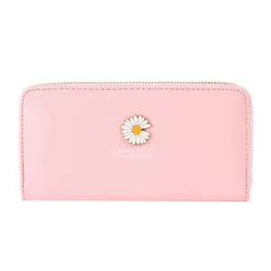 Stylish pink long leather wallet for women featuring a daisy emblem and secure double zipper