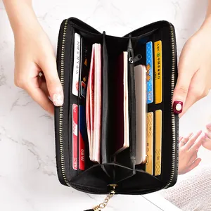 Black zip-around long wallet for women with large capacity and phone compartment