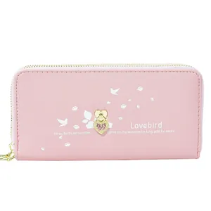 Elegante portafoglio lungo rosa da donna con doppia cerniera e decorazione a cuore e uccelli