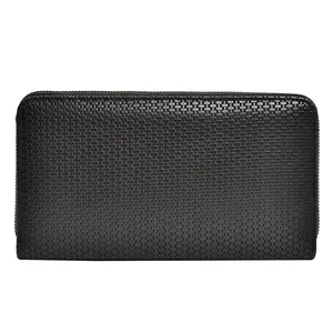 Elegant women's black woven long wallet clutch bag with large capacity and zipper