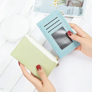 Women Color-Block PU Leather Card Holder Slim Zipper Wallet With ID Window Small Coin Purse For Daily Use Fresh Style Minimalist Wallet