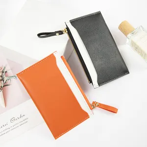 Slim PU leather zippered card holder with stylish patchwork color-blocking design.