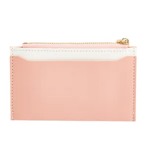 Elegant slim pink and white color-block PU leather card holder with gold zipper detail