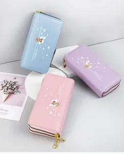 Large capacity long wallets for women with elegant heart print and double zipper design
