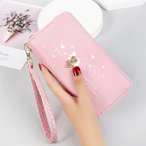 Women's Long Wallet Large Capacity PU Leather Phone Bag with Heart Print Rhinestone Pendant and Wristlet Strap Clutch