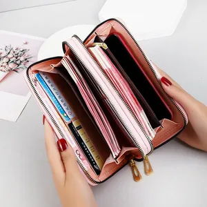 Large capacity pink double zipper wallet for women with card slots and phone pocket