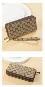 Detailed view of a double zipper long women's wallet featuring a chic letter monogram pattern