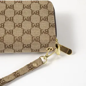 Fashionable long clutch wallet for women featuring BVI letter pattern and gold zipper