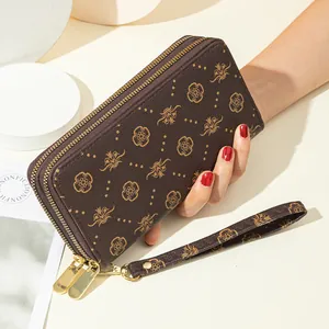 Women's Long PU Leather Clutch Bag Double Zipper Large Capacity Floral Print Wallet Mobile Phone Pouch With Wrist Strap