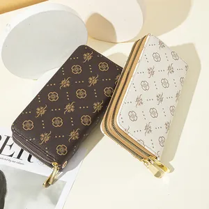 Elegant double zipper long wallets with floral monogram pattern for women in two colors