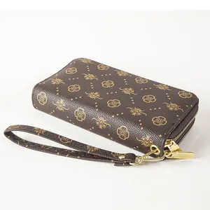 Elegant brown floral double zipper clutch wallet with wristlet strap for women