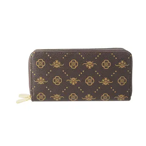 Vintage monogram long wallet with double zippers and high capacity for women in brown