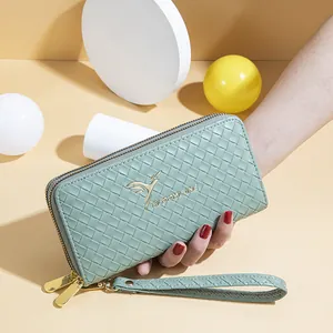 Portefeuille Long pour Femme en Cuir PU Texture Tissée Double Fermeture Éclair Pochette Grande Capacité Avec Logo Hirondelle Style Bloom Lane