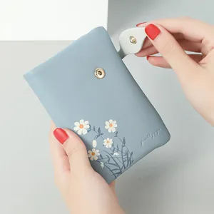 Elegant blue soft leather compact short folding wallet with white daisy floral prints