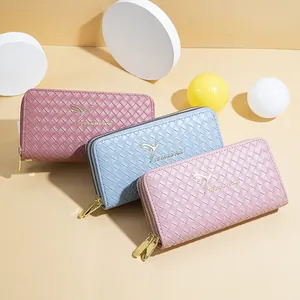 Portefeuille long tressé pour femmes avec logo hirondelle doré et double fermeture éclair