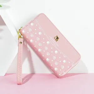 Damen Lange Brieftasche PU-Leder Hundepfote Druck Reißverschluss Clutch Geldbörse Mit Handgelenkschlaufe Große Kapazität Handtasche