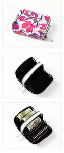 Detailed views showing interior accordion slots and floral exterior of double zipper wallet