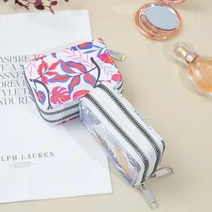 Elegant floral accordion card holder with double zippers for women's large capacity