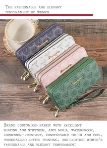 Collection of women's double-zip long wallets featuring 3D geometric prints and wrist straps