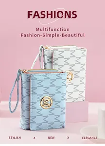 Detailed view of two elegant women's tri-fold wallets with M-letter pattern and golden logo