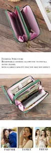 Large capacity women's floral long wallet with double zippers and wrist strap detail