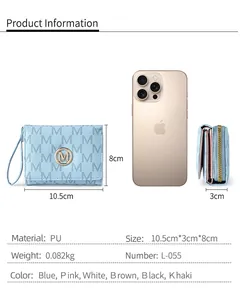 Size comparison and technical specs for the stylish blue M-pattern tri-fold wallet