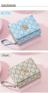 Compact tri-fold women's wallet featuring elegant letter print in blue and khaki colors