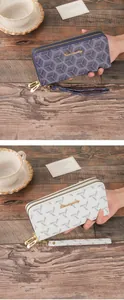 Fashionable women's long clutch wallet featuring double zippers and a geometric print.