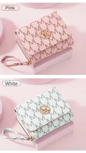 Pink and white tri-fold women's wallets with stylish M letter pattern and wrist strap
