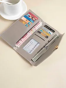 Elegante portafoglio lungo grigio da donna con chiusura a cuore dorata e molti scomparti