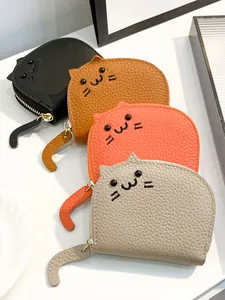 Cute Cat Face First Layer Cowhide Leather Card Holder For Women 10 Accordion Slots Zip Coin Purse Small Wallet With Cat Tail Puller