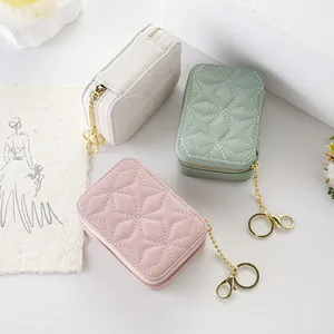Women Portable Mini Makeup Bag With Mirror Quilted PU Leather Cosmetic Pouch Diamond Embroidery Lipstick Storage Small Bag