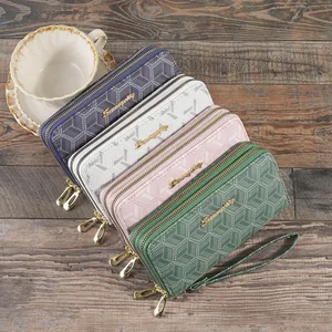 Women Long Wallet PU Leather Geometric Pattern Double Zipper Clutch Purse with Hand Strap Large Capacity Storage Fashion Bag