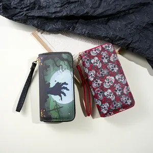 Halloween themed long wallets for women with zombie hand and sugar skull patterns