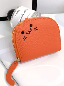 Cute orange cat-shaped leather card holder coin purse with embroidery and cat ears
