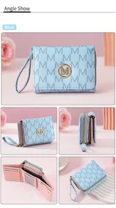 Multi-angle details of light blue trifold monogram wallet with card slots