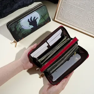Halloween cartoon double zipper long wallet for women with large capacity