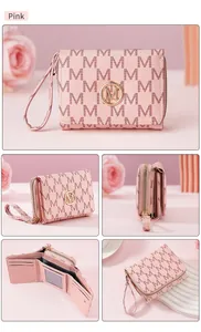 Detailed views of the pink monogram tri-fold wallet with card slots and wrist strap.